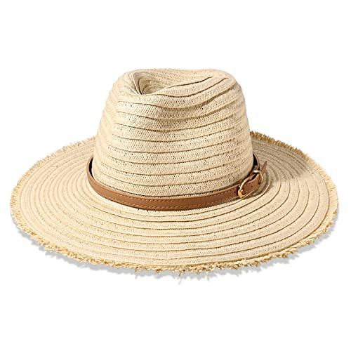 Womens Straw Hats Beach Hats Wide Brim Summer Sun Hats Fray-Edge Leather Band Panama Hats Packable Fedora Hats UPF 50+ (Beige) | Amazon (US)