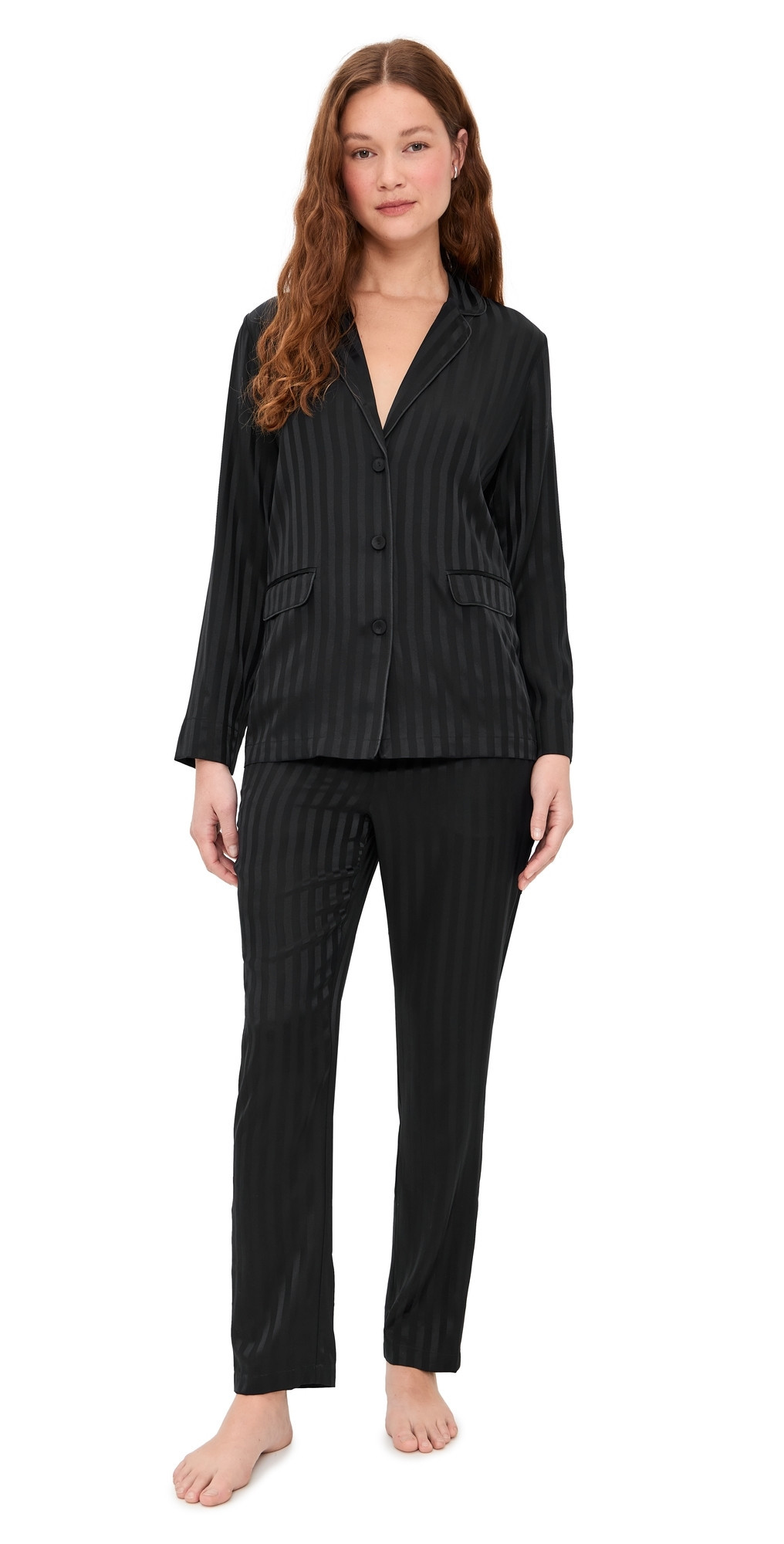 Lunya Washable Silk Striped Jacquard Tuxedo Pajama Set Immersed Black Jacquard L | Shopbop