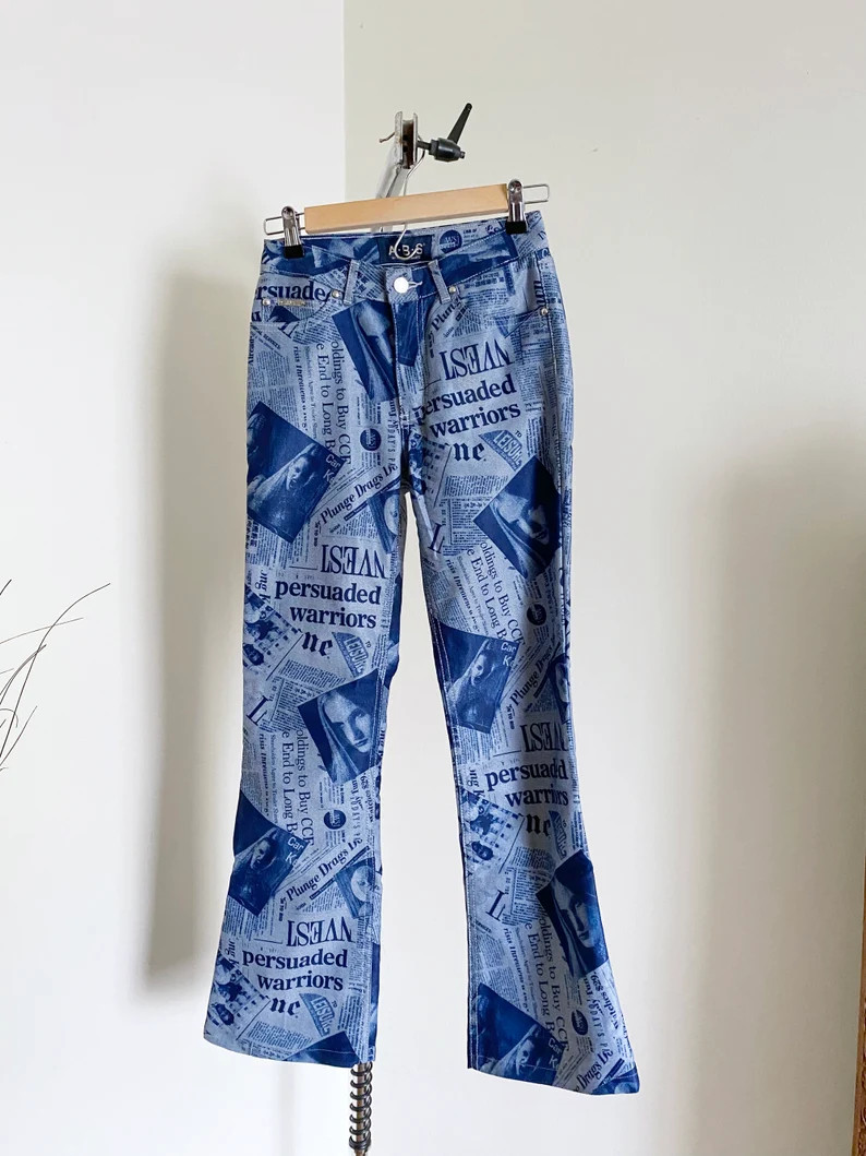 Vintage Y2K Pants Mid Waist Newspaper Pattern Bootcut XS - Etsy | Etsy (US)