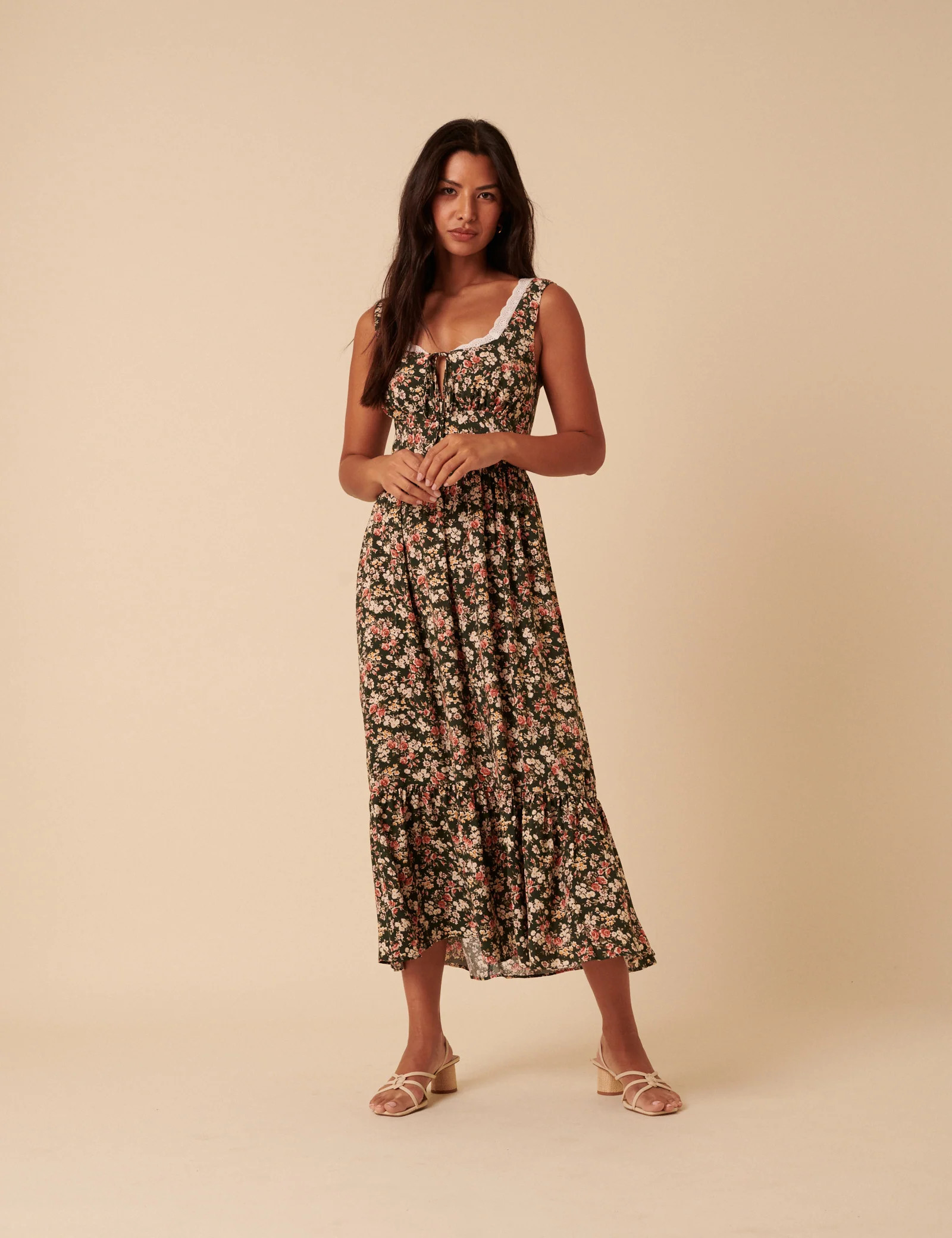 Green & Pink Floral Heather Midi Dress | Nobody's Child