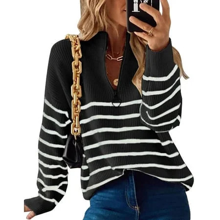Sweaters for Women Quarter Zip Striped Sweaters Knitted Warm Pullover Sweaters Shermie | Walmart (US)