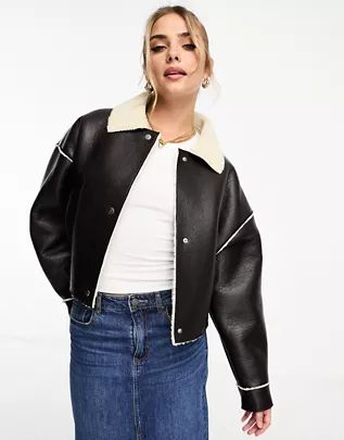 Pull&Bear borg trim faux leather jacket in black | ASOS (Global)
