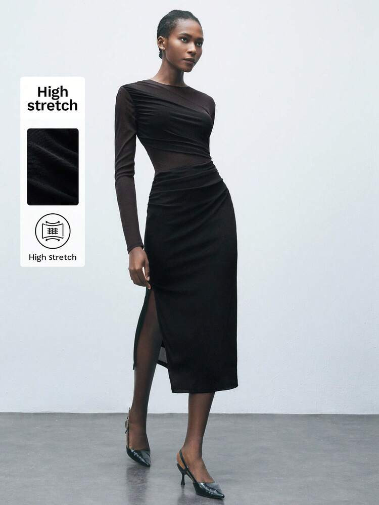 Maija Women's Solid Color Round Neck Long Sleeve Pleated Fitted Midi Dress, Elegant & Fashionable | SHEIN