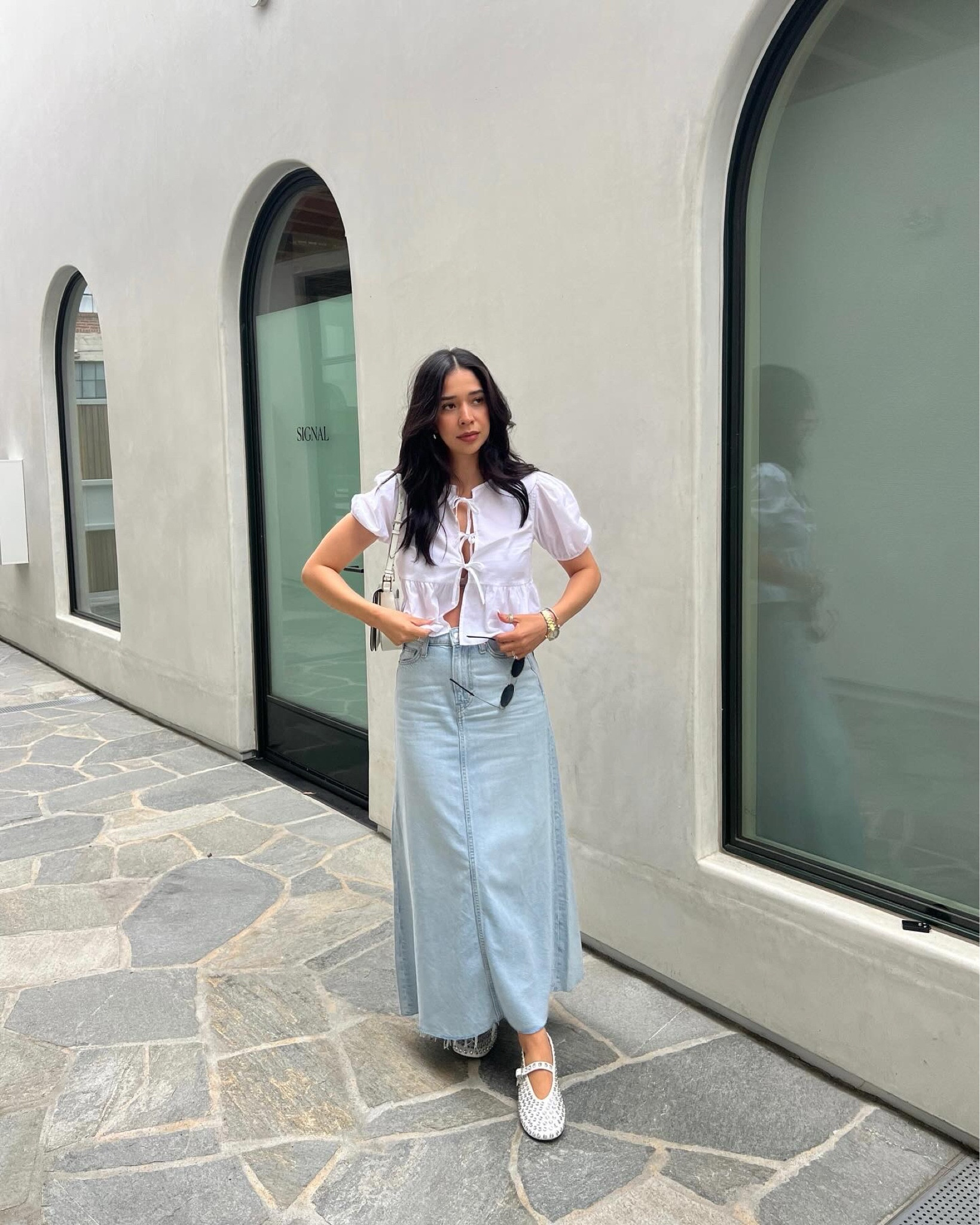 Top size small 
Soft denim skirt size XS 
Shoes size 7.5 run big so size down .5 
