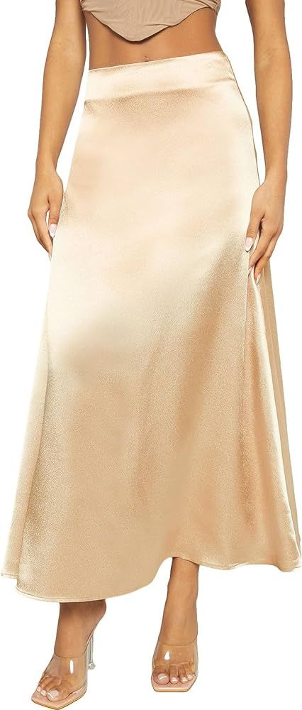 MakeMeChic Women's Elegant Satin High Waist Maxi Skirt A line Long Skirts | Amazon (US)