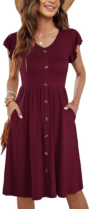 WNEEDU Summer Dresses for Women 2026 Casual Loose Cap Sleeve Sundress Swing Button Down Dress Bea... | Amazon (US)
