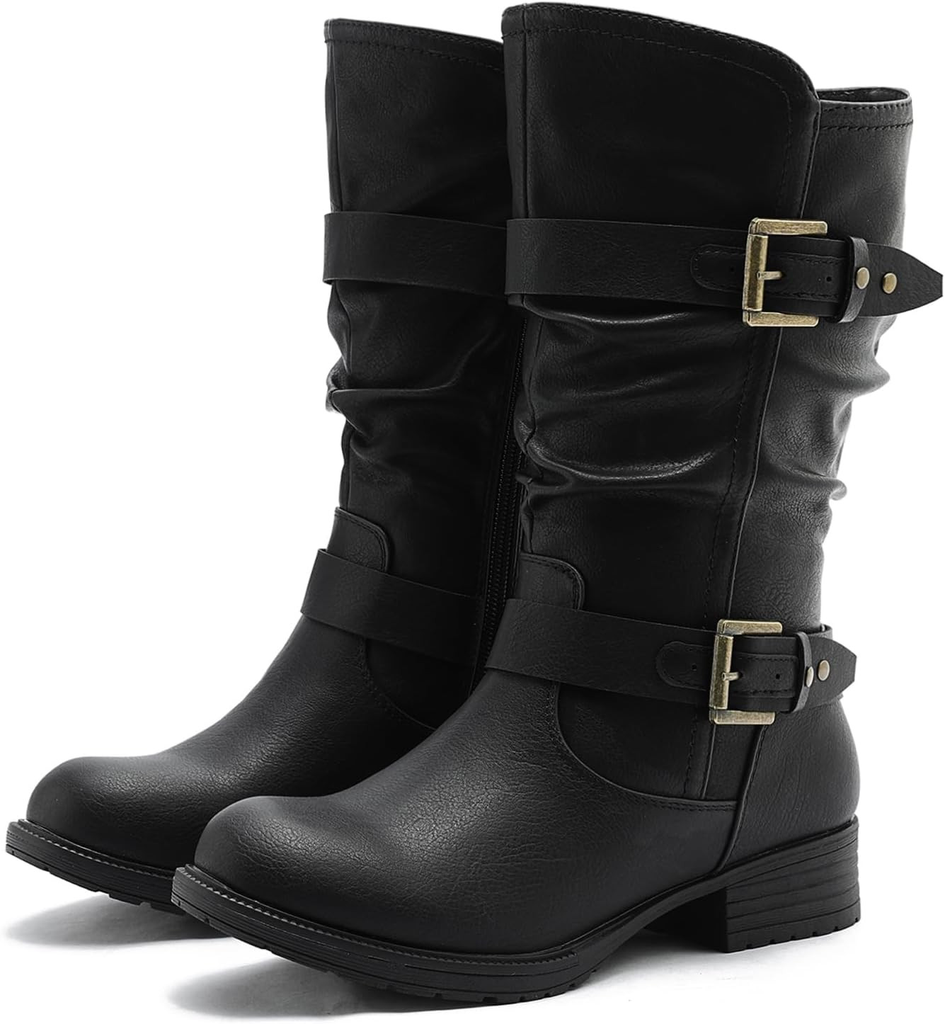 GLOBALWIN Women's Mid Calf Moto Boots With Buckle Straps | Amazon (US)