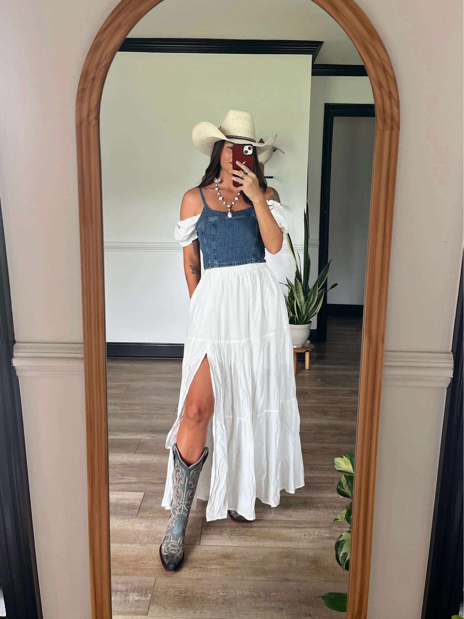 Western boho bridal inspo! Off the shoulder maxi dress with side slit paired with blue boots & denim tank! Wearing small dress & xs tank! Boots have a tighter fit, recommend sizing up if between

#LTKgrwm #LTKSaleAlert #LTKWedding