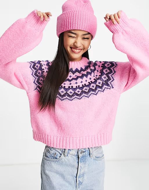 Stradivarius pattern detail sweater in pink | ASOS (Global)