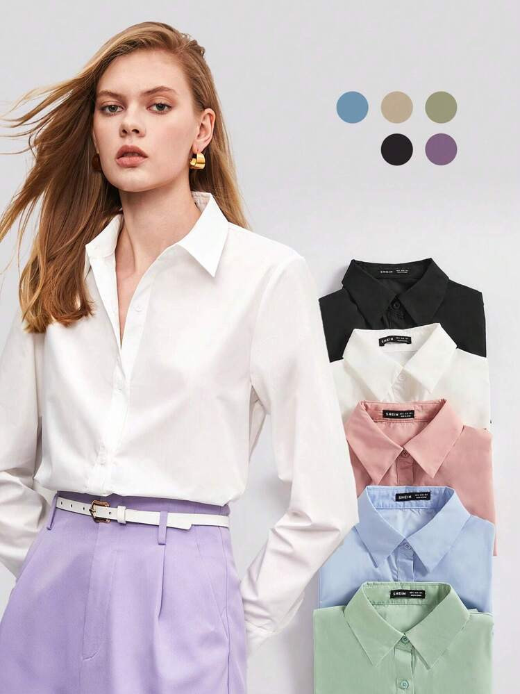 BizChic Women's White Solid Color Button-Up Work Shirt, Long Sleeve Casual Blouse, Fashion Commut... | SHEIN