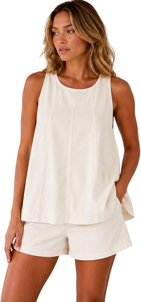 Denim Two Piece Set, Sleeveless Flared Tank Top and High Waisted Shorts Summer Casual Outfit Set | Amazon (US)