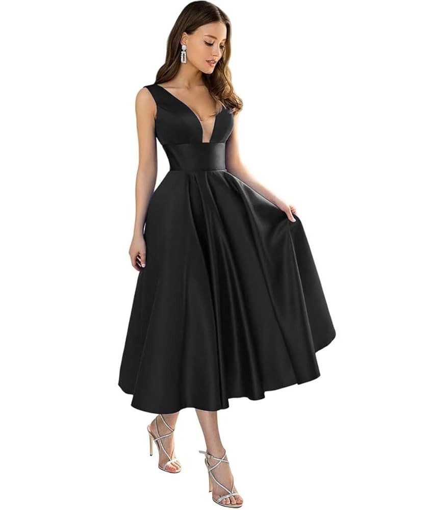 Women's Tea-Length Satin Party Dress - V-Neck Sleeveless Semi-Formal Gown Wedding Guest Dress | Amazon (US)