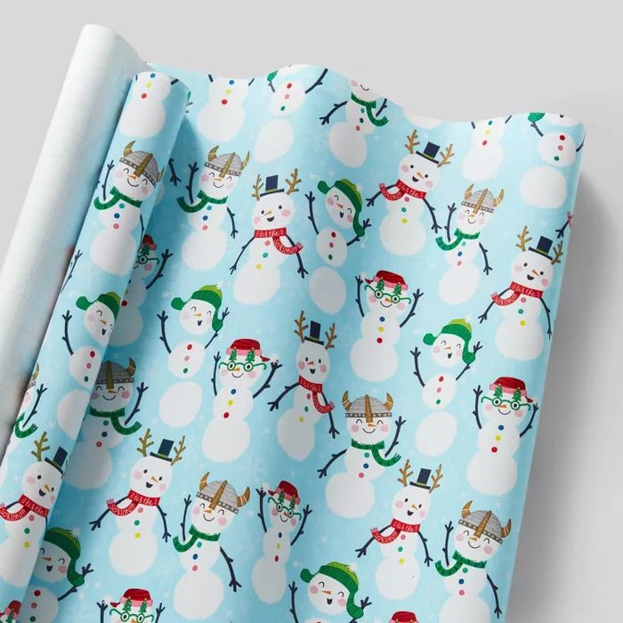 55 sq ft Joyful Snowmen Gift Wrap Light Blue - Wondershop&#8482; | Target