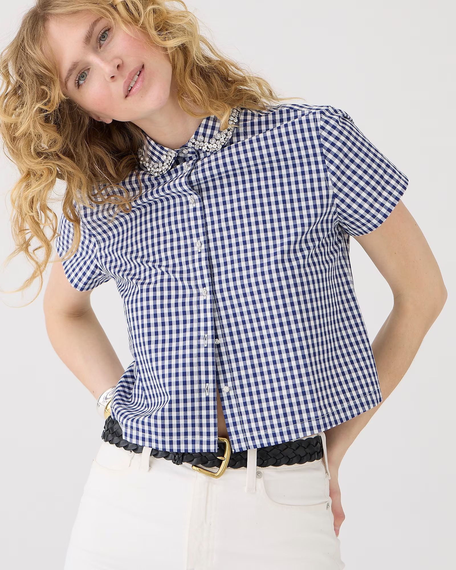 Collection embellished cotton poplin cropped button-up shirt in gingham | J.Crew US