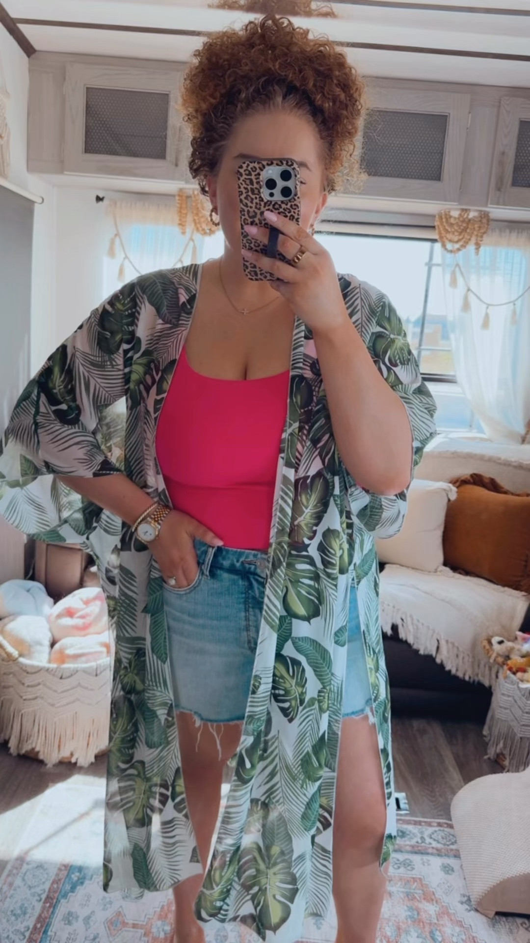 Loving this fun, colorful combo for sunny days ☀️ The kimono instantly elevates a simple tank + shorts outfit🌸✨ summer outfit | spring outfit | tropical outfit | vacation outfit | beach vacation outfit | amazon fashion | amazon outfit | green palm print kimono | printed kimono outfit | tropical kimono | hot pink tank outfit | bright tank outfit | color pop outfit | light wash denim shorts | denim shorts outfit | casual summer outfit | weekend outfit | fun outfit | statement outfit | bold colors outfit | braided sandals outfit | boho summer outfit | easy outfit idea | travel outfit | sunny day outfit | colorful outfit | amazon finds | affordable fashion

#LTKootd #LTKgrwm #LTKdayinmylife