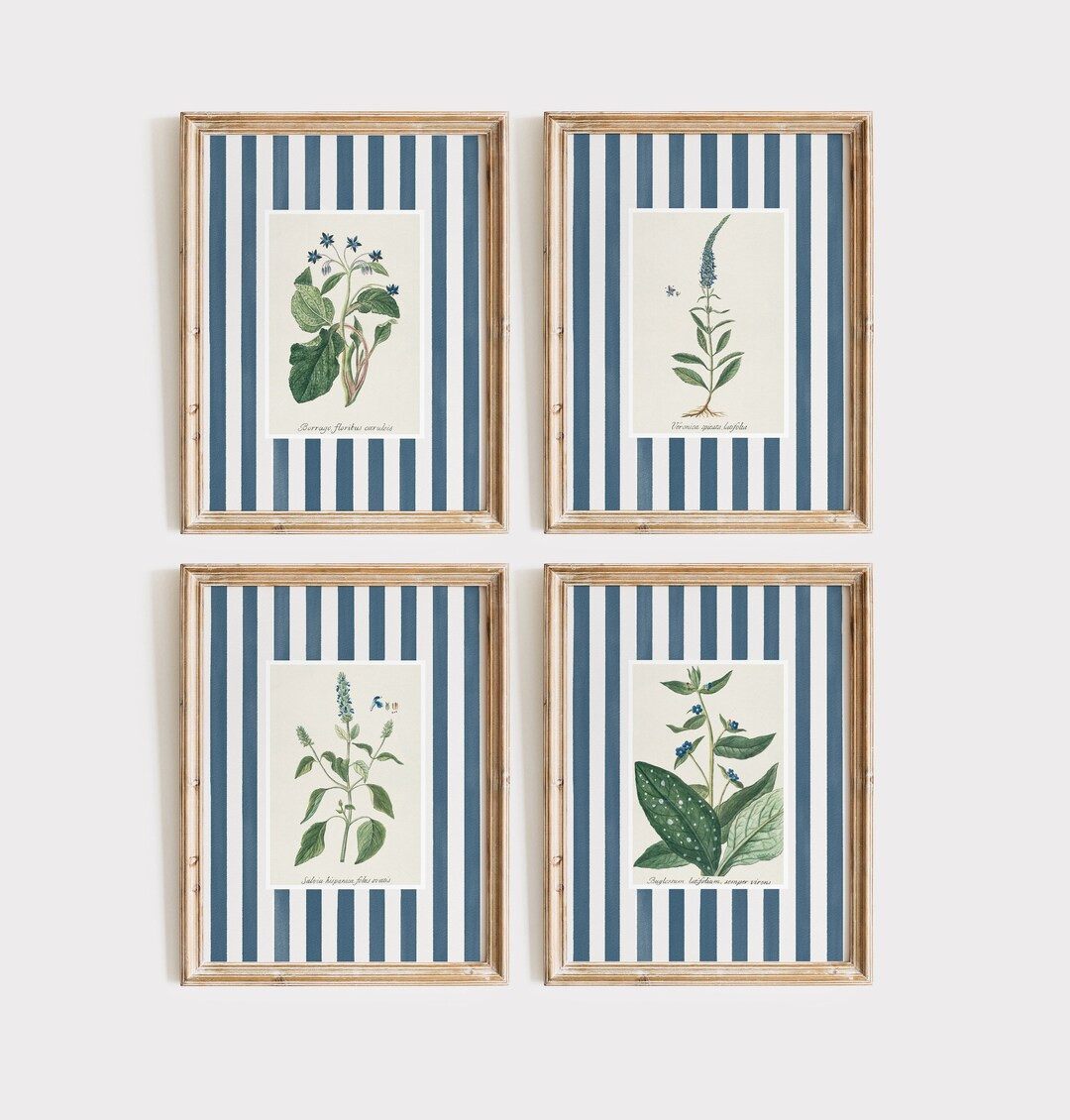 5 blue striped floral art prints, grandmillenial Nancy meyers inspired botanical print with strip... | Etsy (US)