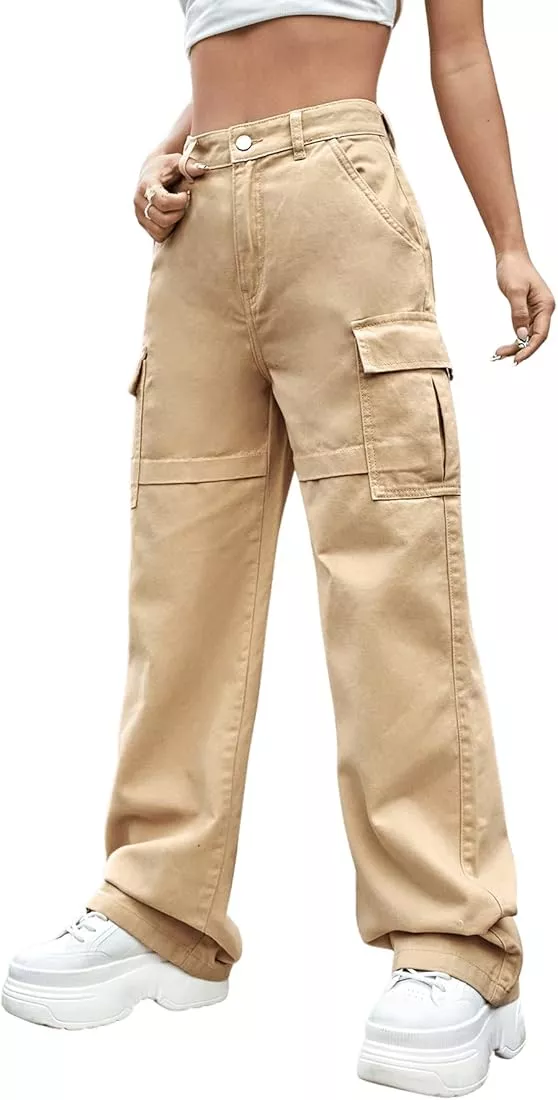 SweatyRocks Women's High Waist Cargo Jeans Flap Pocket Wide Leg Denim Pants