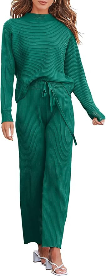 ANRABESS Women's Two Piece Outfits Batwing Long Sleeve Crop Top & Ribbed Knit Wide Leg Pants Loun... | Amazon (US)