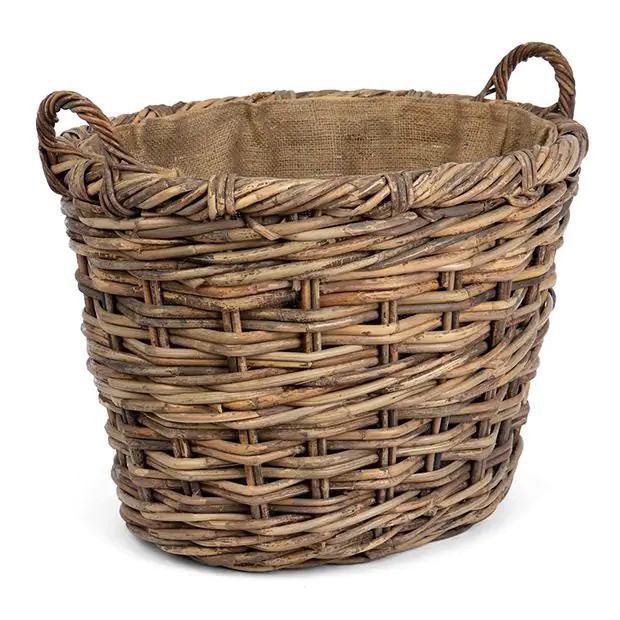Jute Lined Oval Rattan Storage Basket | Antique Farm House
