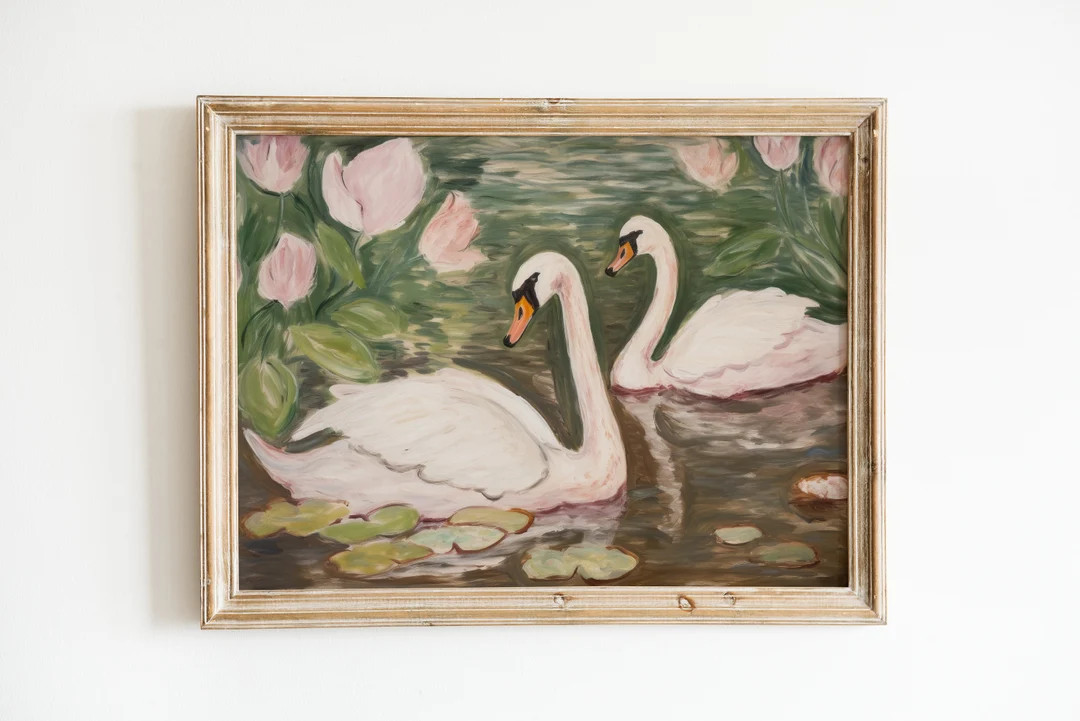 Swan Print Soft Printable Wall Art Pink and Green Decor Girly Office Painting - Etsy | Etsy (US)