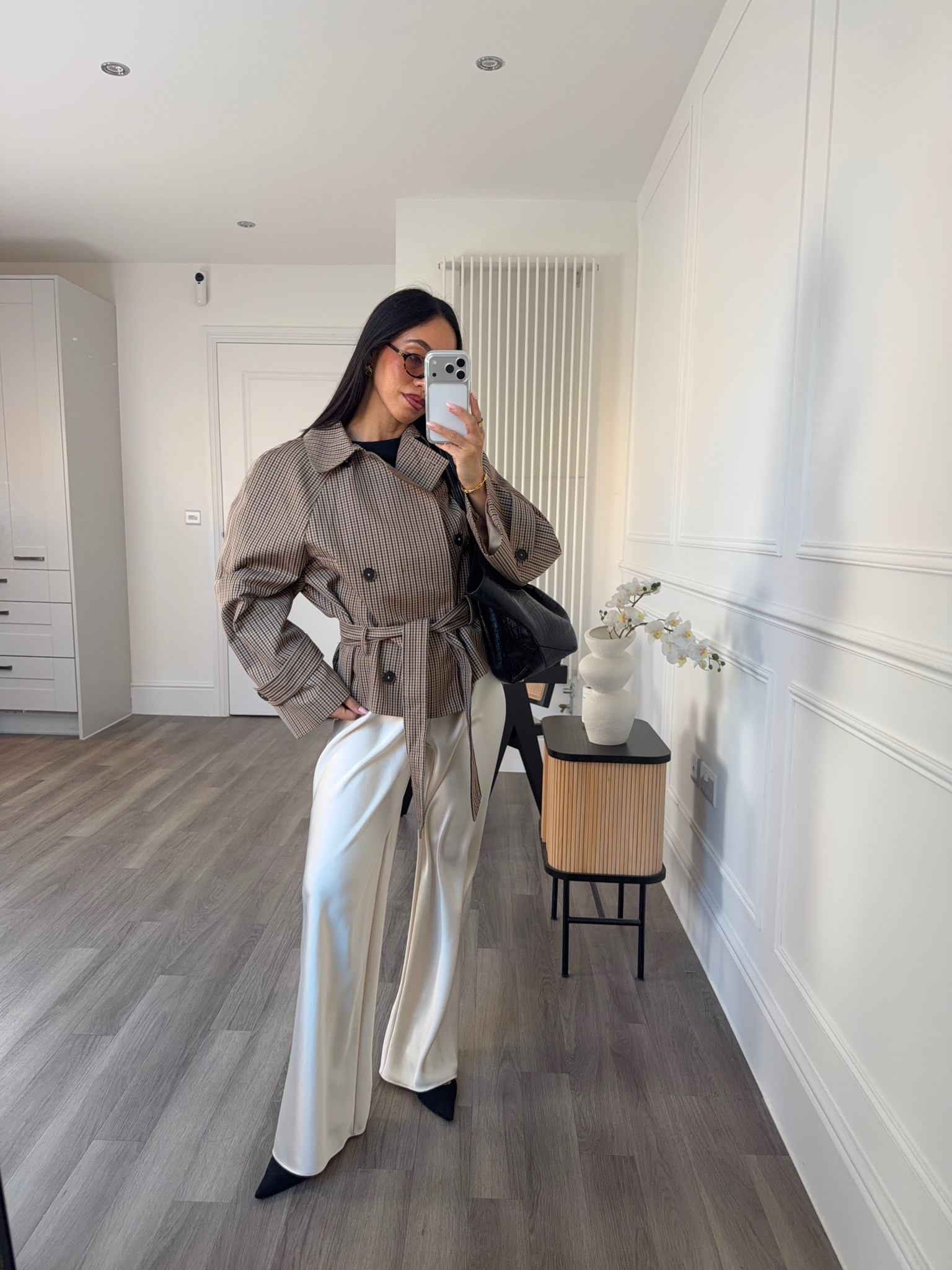 Autumn Outfits on Repeat 🍂 check trench jacket, satin trousers and kitten heels