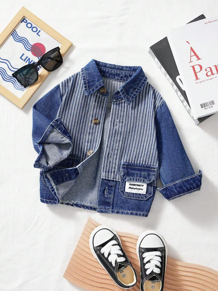 Infant/Toddler Boys' Medium Washed Stripe Patchwork Denim Jacket | SHEIN USA | SHEIN