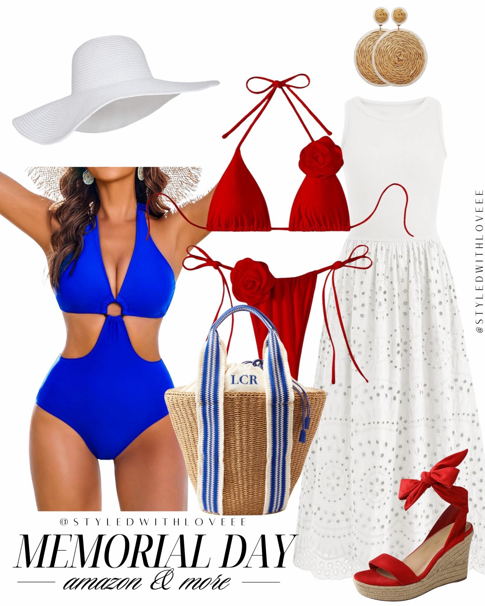 Memorial Day but make it chic 🇺🇸✨
Obsessed with this bold blue cutout suit and the red rosette bikini — festive without being over the top.
And if you’re heading to something a little dressier, this eyelet skirt + white tank combo is giving effortlessly pretty.
Add a sun hat, red heels, and the cutest monogrammed tote to pull it all together!

#LTKSeasonal #LTKTravel #LTKSwim