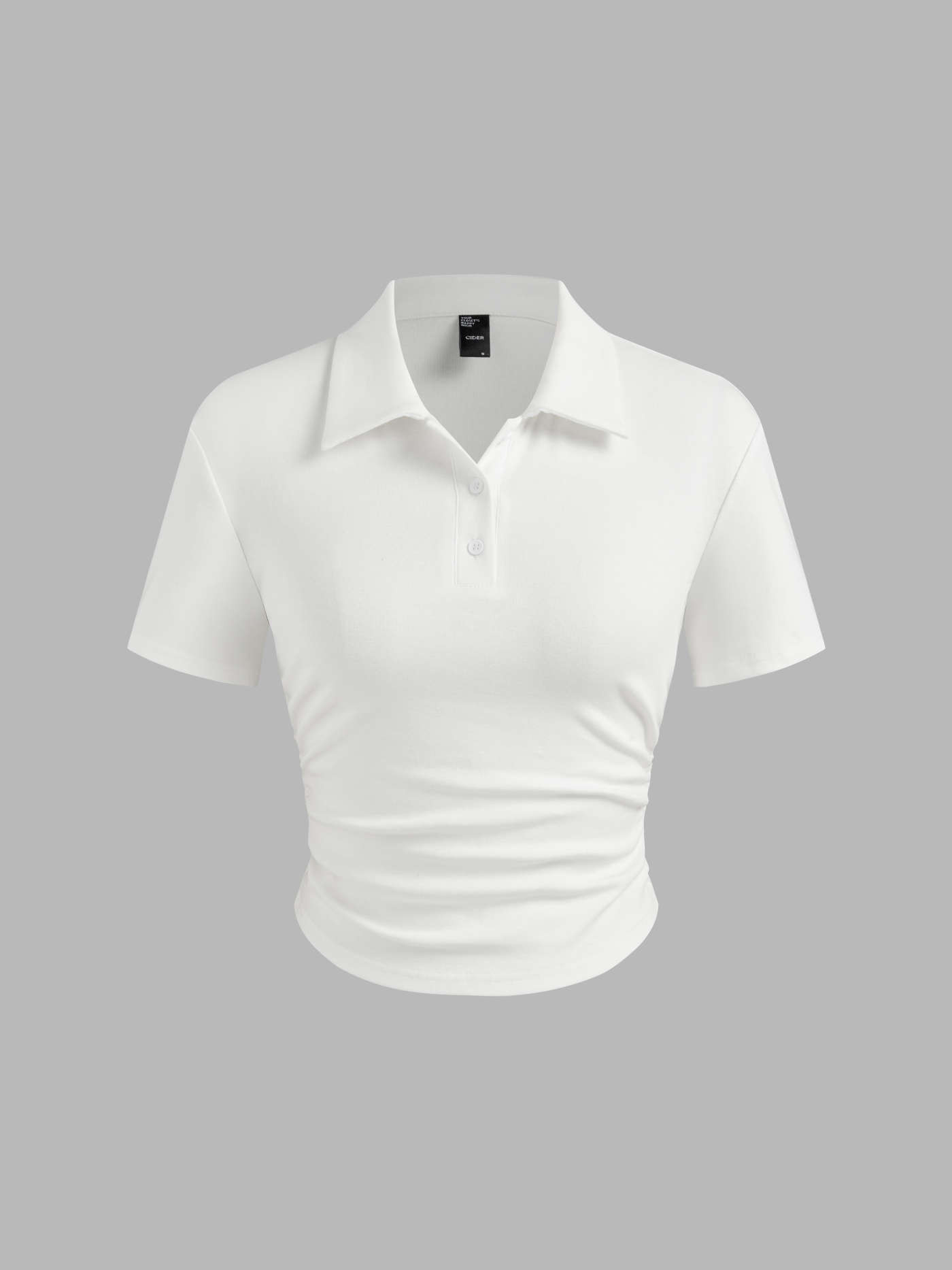 Knit Fabric Cotton-blend Collar Solid Ruched Button Short Sleeve Top For School | Cider