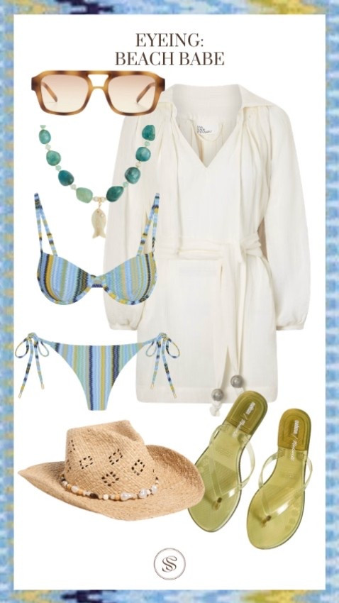 Vacation style
Bikini
Coverup
Jelly flip flops 
Cowboy hat
Straw hat