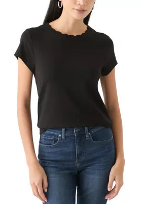 cable & gauge Women's Petite Scallop Neck T-Shirt, Black, PL | Belk