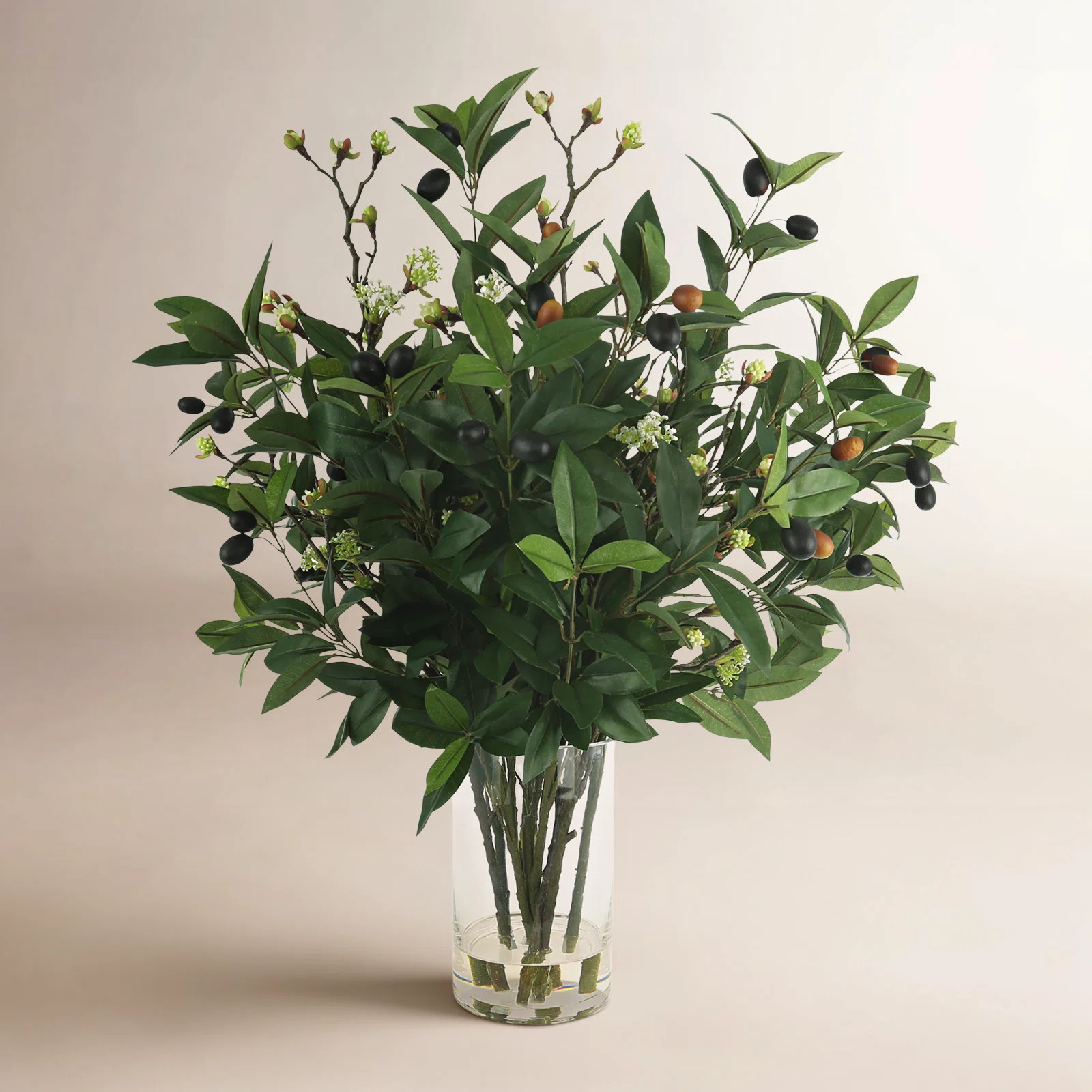 Olive Branches mixed with Blossoms Arranged in Glass Vase | Birch Lane