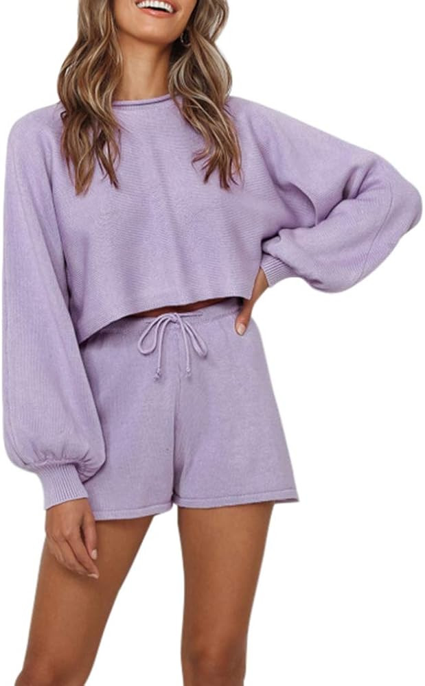 Women's Casual Long Sleeve Solid Color Knit Pullover Sweatsuit 2 Piece Short Sweater Outfits Sets | Amazon (US)