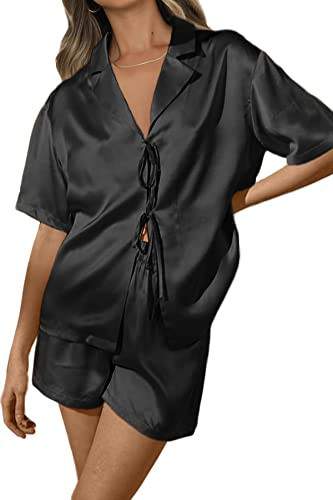 CHYRII Women's Silk Satin Pajamas Sets Tie Front Short Sleeve Tops and Shorts Two Piece Pj Sets Sleepwear Black S | Amazon (US)