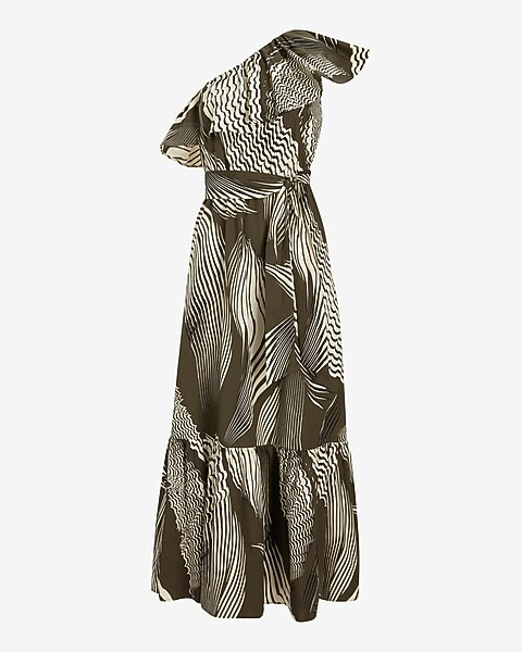 Printed One Shoulder Ruffle Tie Waist Maxi Dress | Express