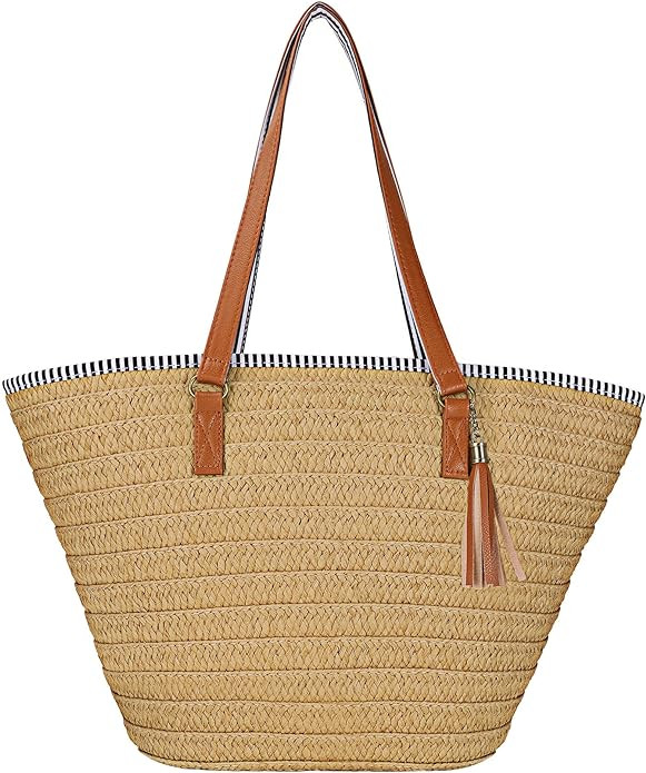Womens Large Straw Shoulder Bag Beach Tote Handbag Purse with Tassel for Summer | Amazon (US)