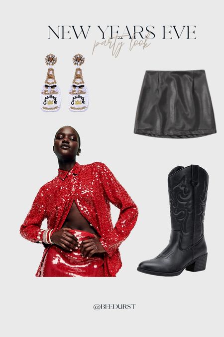 Faux leather skirt, black cowboy boots, sequence button-up top, holiday earrings

#LTKSeasonal #LTKstyletip #LTKHoliday
