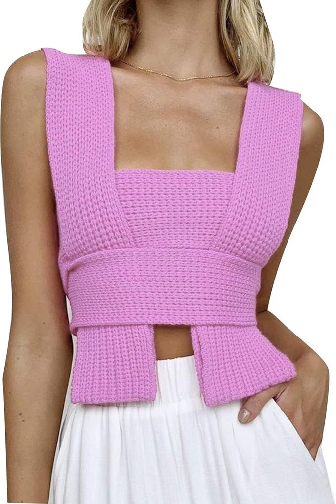 Women's Knitted Crop Tank Vest DIY Summer Sweater Top Sleeveless Criss Cross Tie Strappy Casual Y... | Amazon (US)