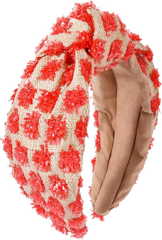 Raffia Knotted Headbands for Women Boho Straw Wide Top Knot Hairband Statement Rattan Woven Pom P... | Amazon (US)