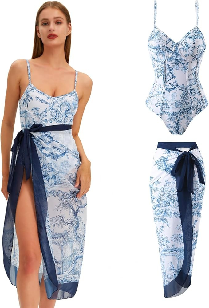 One Piece Swimsuit with Cover Up Sarong Swimsuits for Women Bathing Suit with Wrap Womens Swimsui... | Amazon (US)