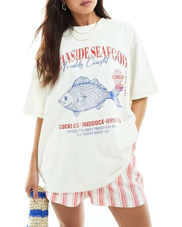 Women Cute Graphic Oversized Tees Fish Sardine Lobster Y2K Baggy T Shirts | Teen Girls Preppy Vin... | Amazon (US)