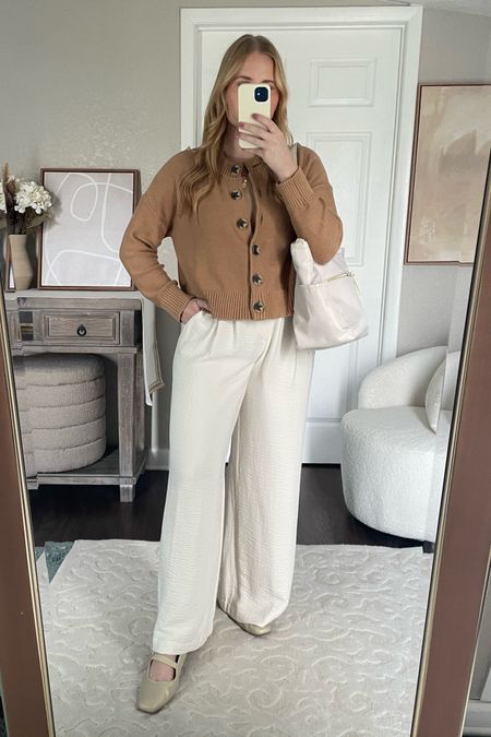 Summer work wear outfit idea with a camel open front cardigan (size medium) and cream wide leg trousers (size 10/M) 

#LTKMidsize #LTKFindsUnder50 #LTKWorkwear