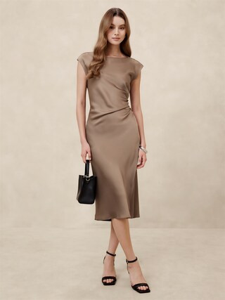 Shirred-Side Satin Midi Dress | Banana Republic Factory