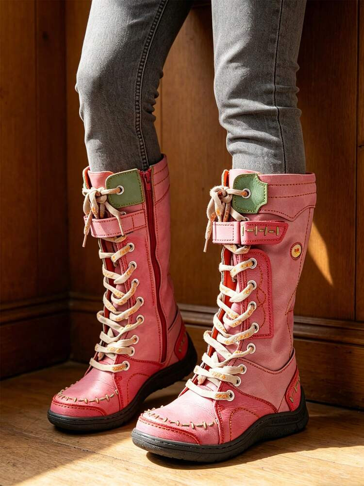 1 Pair TMA EYES All-Season Vintage Women's Mid-Calf Boots, Colorblock Distressed Side Zipper High... | SHEIN