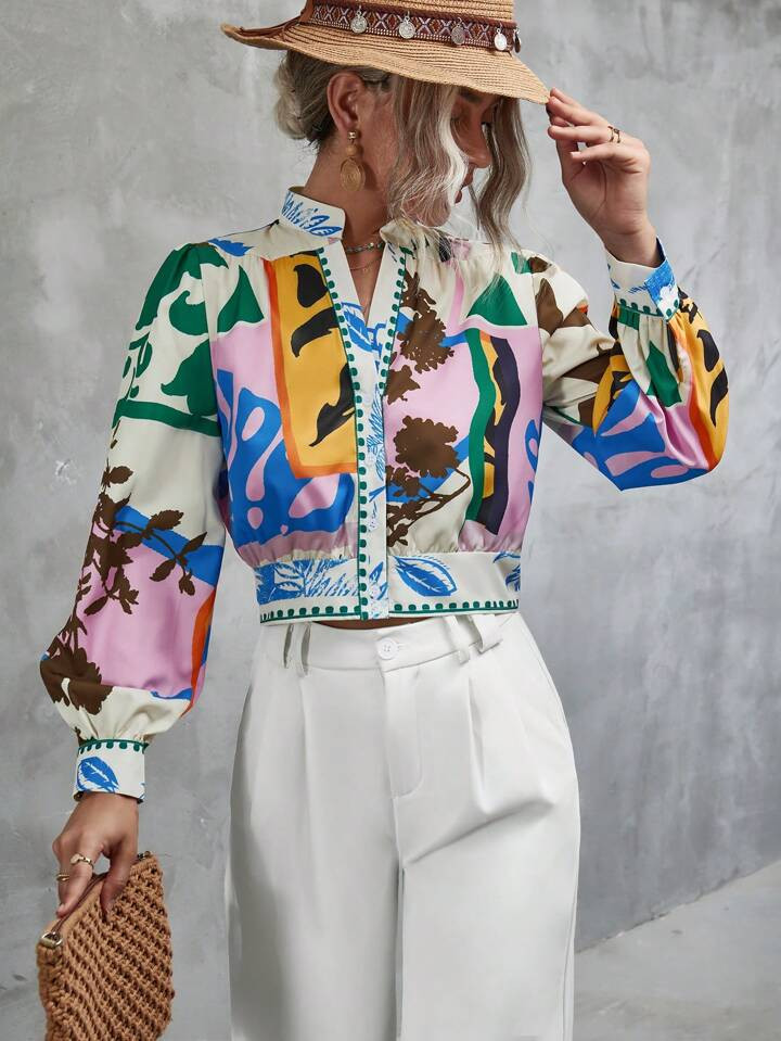 SHEIN Unity Graphic Print Notched Neckline Lantern Sleeve Blouse | SHEIN