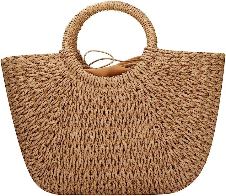 YYW Straw Bags for Women,Hand-woven Straw Large Bag Round Handle Ring Tote Retro Summer Beach Rat... | Amazon (US)