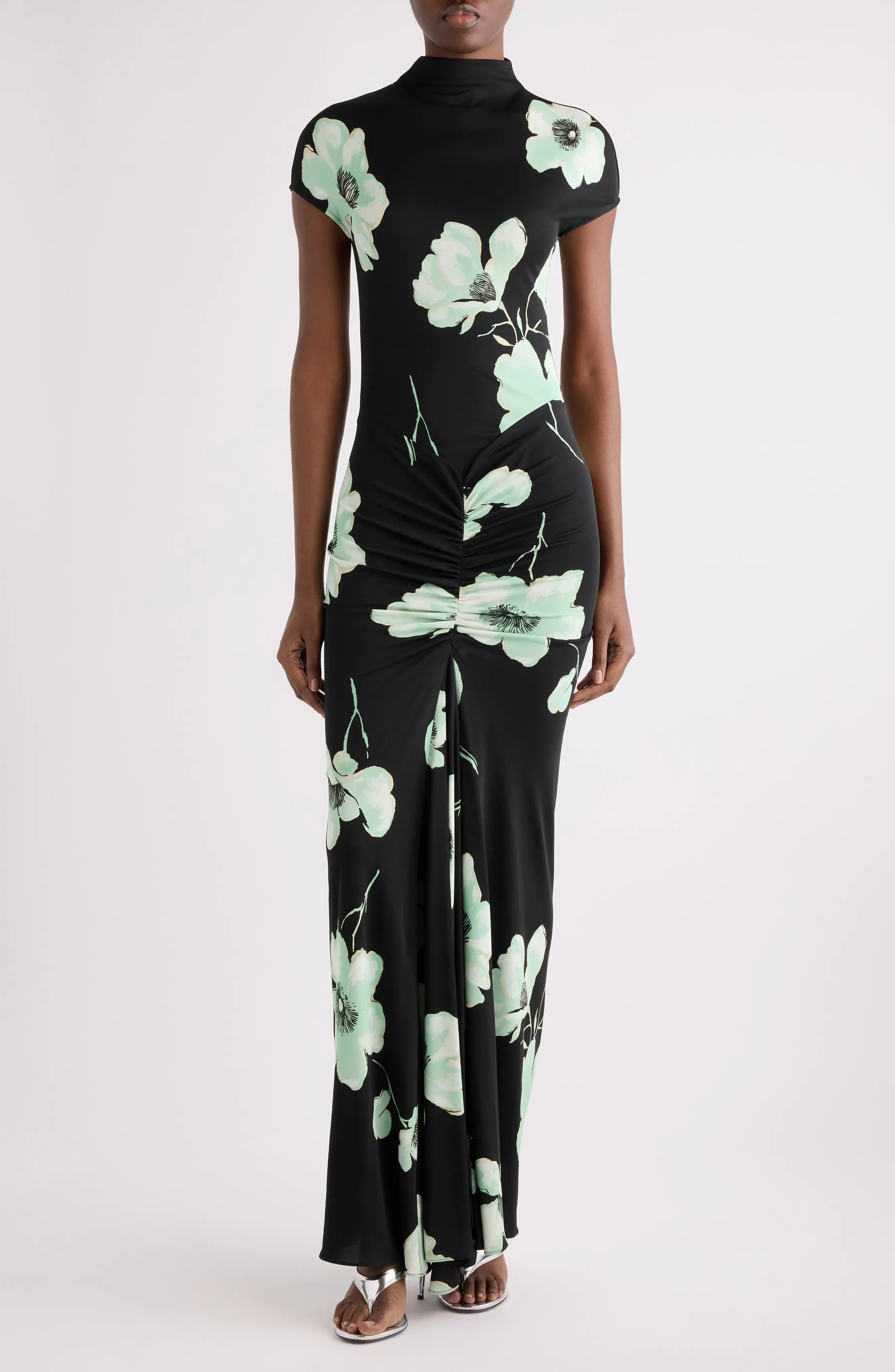 Alaïa Floral Print Ruched Jersey Dress in Noir/aqua at Nordstrom, Size 40 | Nordstrom