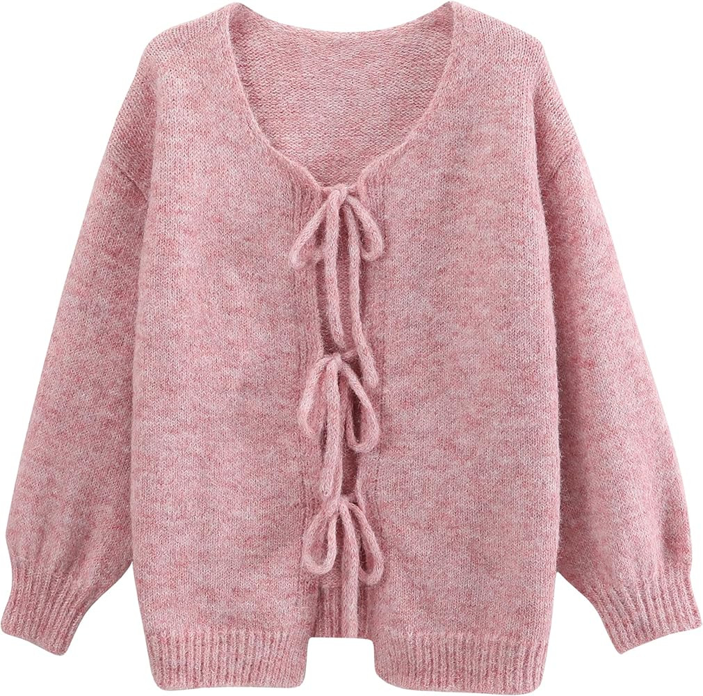 Lumister Cute Oversized Cardigan Sweaters for Women Y2K Long Sleeve V Neck Bow Tie Front Cadigan ... | Amazon (US)