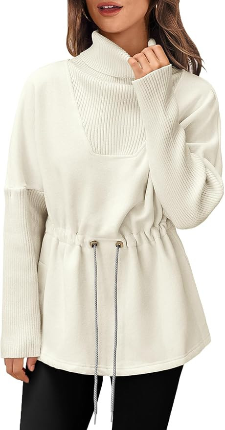 Fisoew Women's Turtleneck Sweatshirts Fleece Drawstring Waist Casual Long Sleeve Pullover Sweater... | Amazon (US)