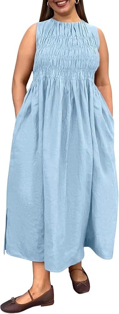 Beautife Women's Plus Size Maxi Dress Summer Casual Sleeveless Ruched Crewneck Sundresses with Po... | Amazon (US)