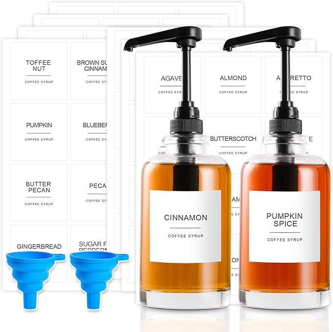 mustry Coffee Syrup Dispenser Bottle with Labels 1/4 oz Glass Syrup Pump Dispenser Bottle with 84... | Amazon (US)